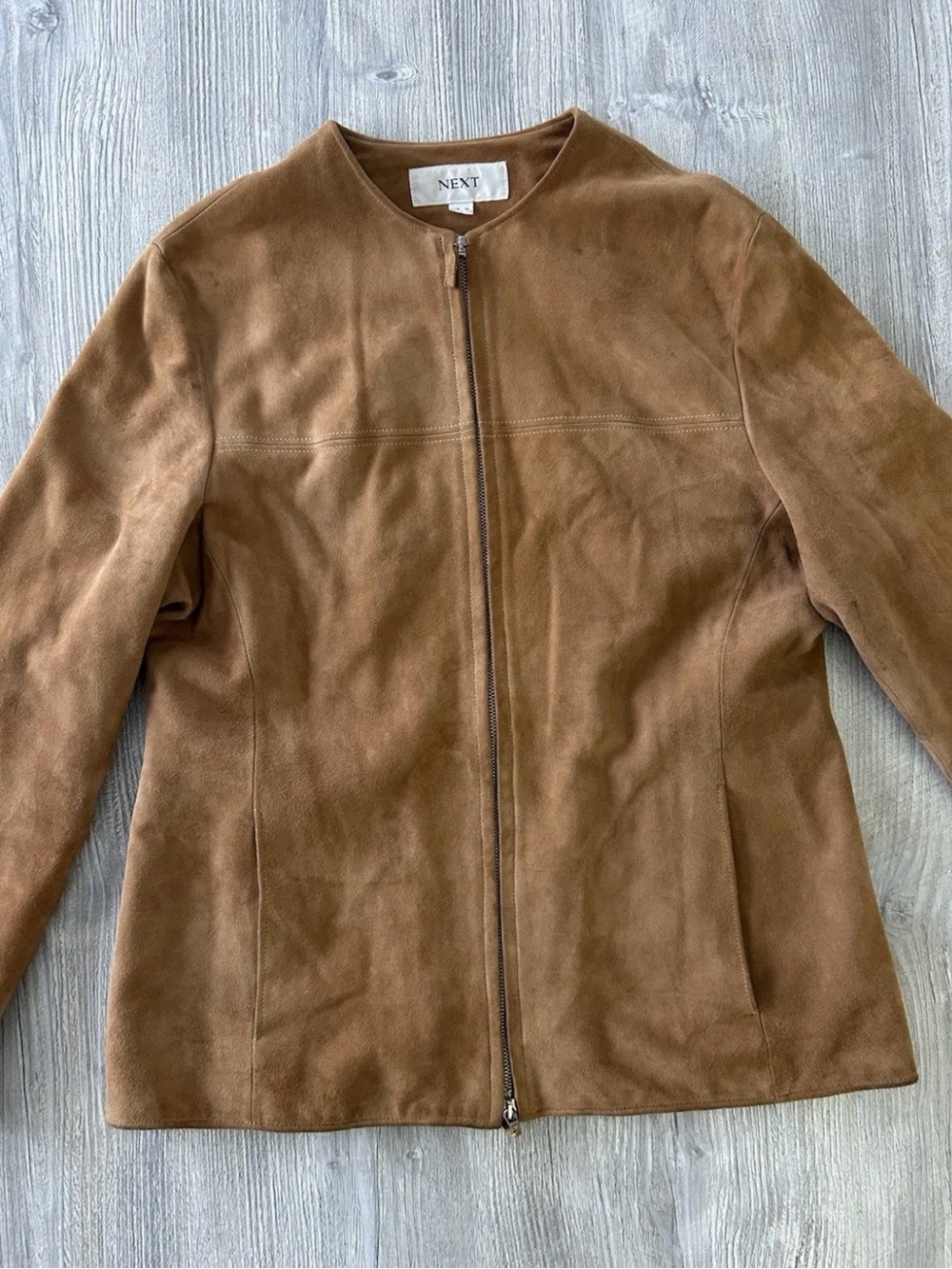Vintage next Made in UK 100% Genuine Leather Suede Collarless Zip Jacket Tan 14